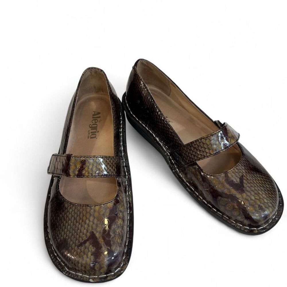 Alegria Feliz Brown Snakeskin Patent Leather Mary Jane Shoes, Size US 8/8.5 EU38